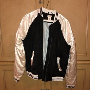 shimmery black and white bomber jacket